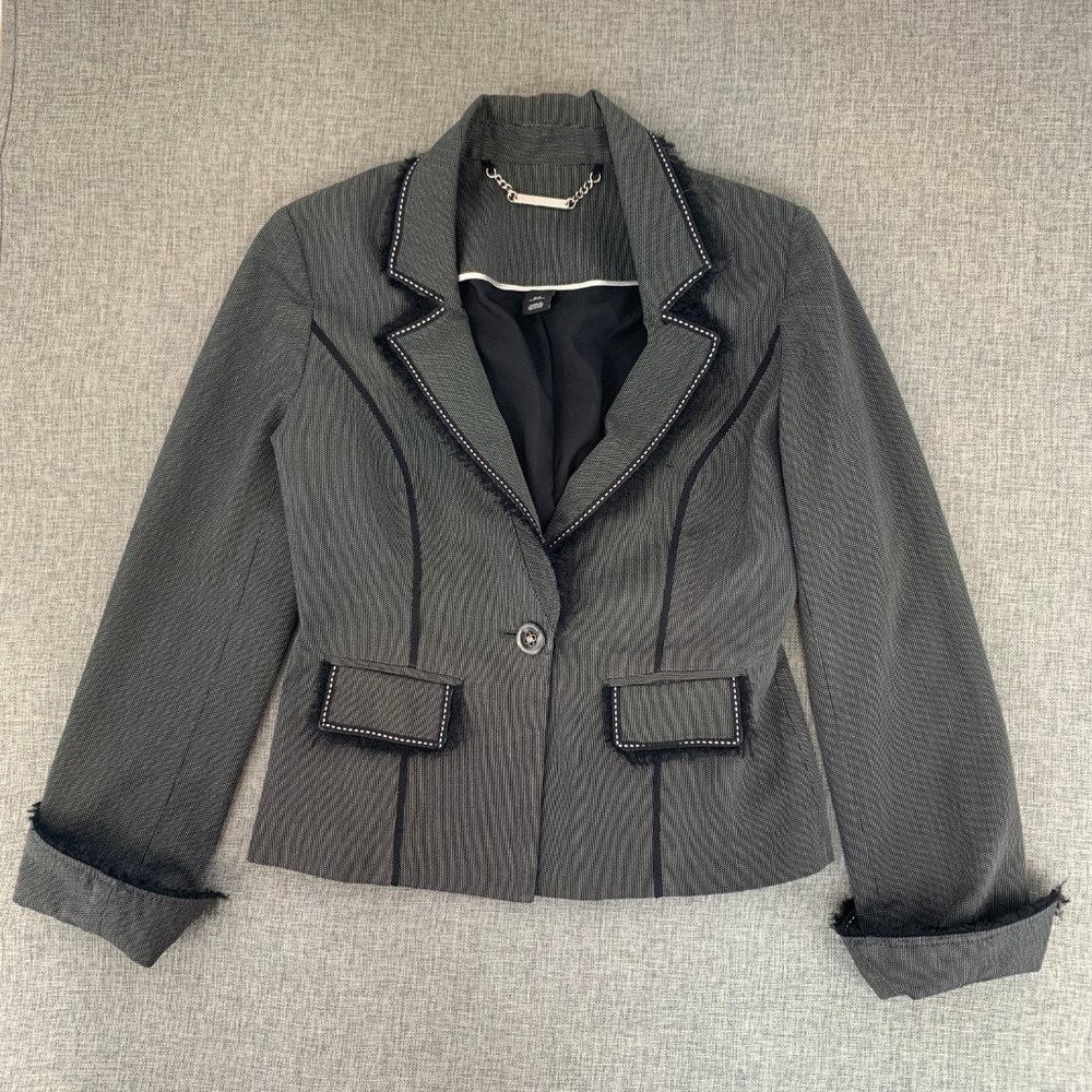 White House Black Market Elegant Blazer Black Gray Size 00 Fuzzy Trim One Button